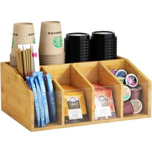 Coffee Station Organizer Condiment Organizer for Countertop Farmhouse Coffee Caddy with Removable Dividers Small Cute Office Bar Accessories for Tea Bags, Pods, Syrup, Cups, and Stirrer