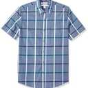 Amazon Essentials Men's Slim-Fit Short-Sleeve Plaid Casual Poplin Shirt, Denim, Large 