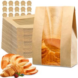 200 Pcs Bread Bags for Homemade Bread, Sourdough Paper Bags With Window, 50% Thicker 13.7x8.2x3.7in, A Large Bakery Bag Used for Storage Sourdough & Snacks, 210 Cute Sealing Stickers With Ties