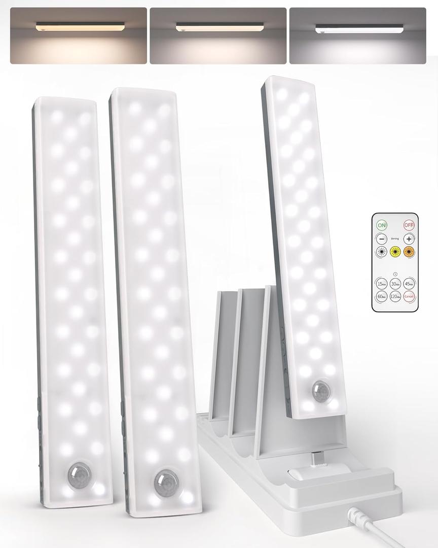 EZVALO 62 LED Under Cabinet Lighting with Charging Station, Rechargeable Motion Sensor Lights, 3 Color Temps, Dimmable Wireless Closet Lights w/Remote for Kitchen, Wardrobe, Pantry- 3 Pack