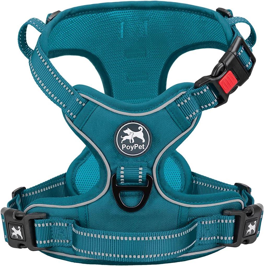 PoyPet No Pull Dog Harness, No Choke Reflective Dog Vest, Adjustable Pet Harnesses with Easy Control Padded Handle for Small Medium Large Dogs(Tumalo Teal, M)