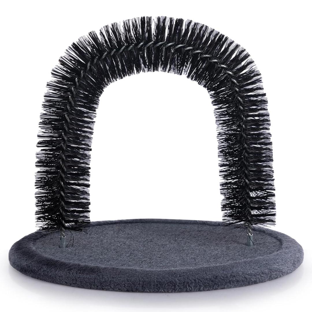 Hollypet Self Grooming Massager and Scratcher Toy - Cat Arch Brush for Back Grooming, Hair Cleaner Pads, Dark Gray