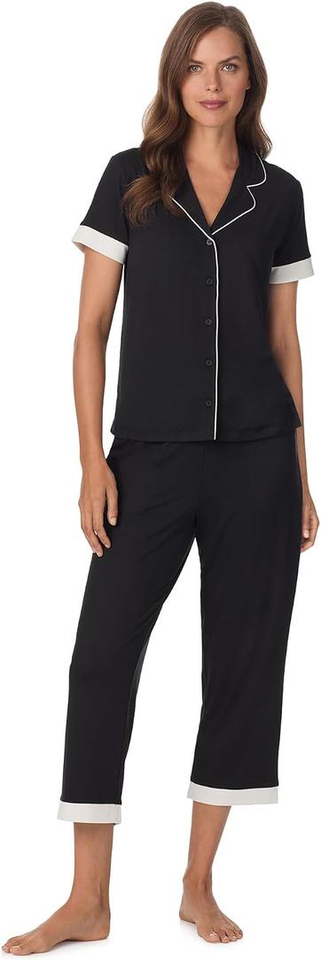 Anne Klein Womens Short Sleeve Button Down Pajama Top & Capri Pant Set - Soft Brushed Sweater Knit - Matching Breathable Lightweight Sleepwear & Loungewear PJs Sets for Women, Black, S