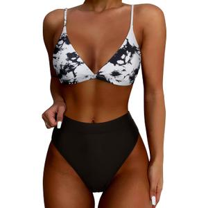 SUUKSESS Women High Waisted High Cut Bikini Sets Sexy Triangle Two Piece Swimsuits Push Up Bathing Suits (Black White Tie Dye, S)