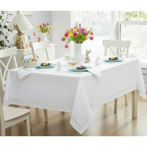 Newbridge Spring & Easter Holiday Fabric Rectangle Tablecloth, 60 x 84 Inch, Provence Lattice Cutwork Solid Color Textured, Water and Stain Resistant Easy Care Table Cloth for Parties, White