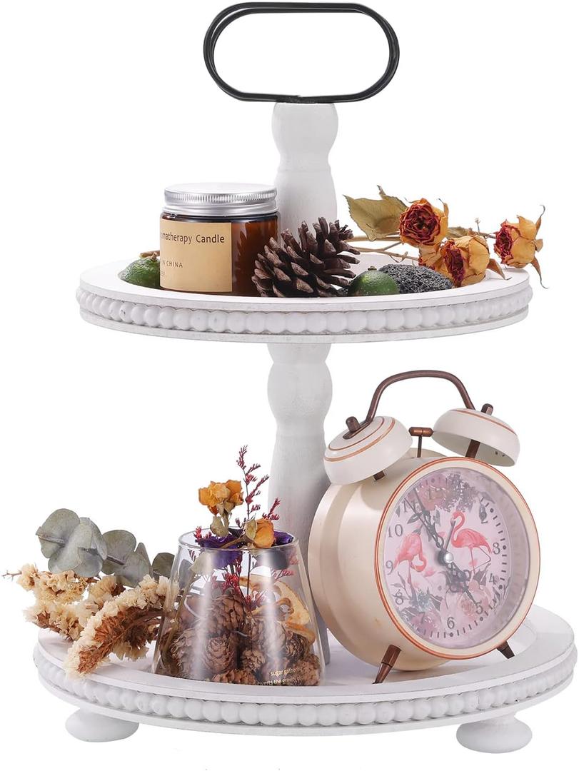 Urban Deco Wooden Decorative Tray Two Tiered Trays Decorations Round Serving Tray with Metal Handle, Wooden Cupcake Stand for Party Tiered Dessert Stand - Retro White Farmhouse Wood Tray