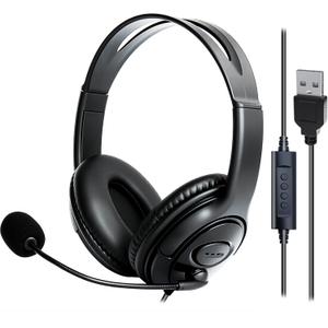 USB Headset with Mic, Computer Wired Headphones with Microphone for PC, Laptop (Black - Full Ear Cups)