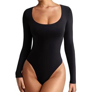 Yuiseaik Womens Long Sleeve Bodysuit Crew Neck Brazilian Double Lined Slim Fit Comfy Lightweight Layering Top XXS-L (Black, XL)