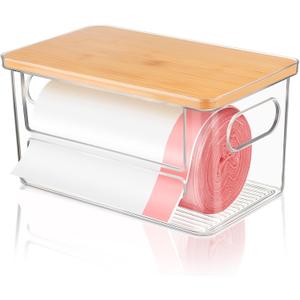 Trash Bag Holder Dispenser, Garbage Bag Dispenser with Bamboo Lid & Handles, Stackable Clear Trash Bag Organizer Under Sink for Kitchen, Pantry, Laundry Room, Cabinet