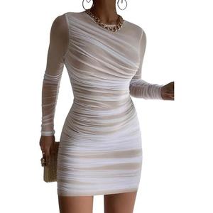GOKATOSAU Women's Sexy Round Neck Mesh Long Sleeve Full Ruched Bodycon Mini Dress, Medium, White