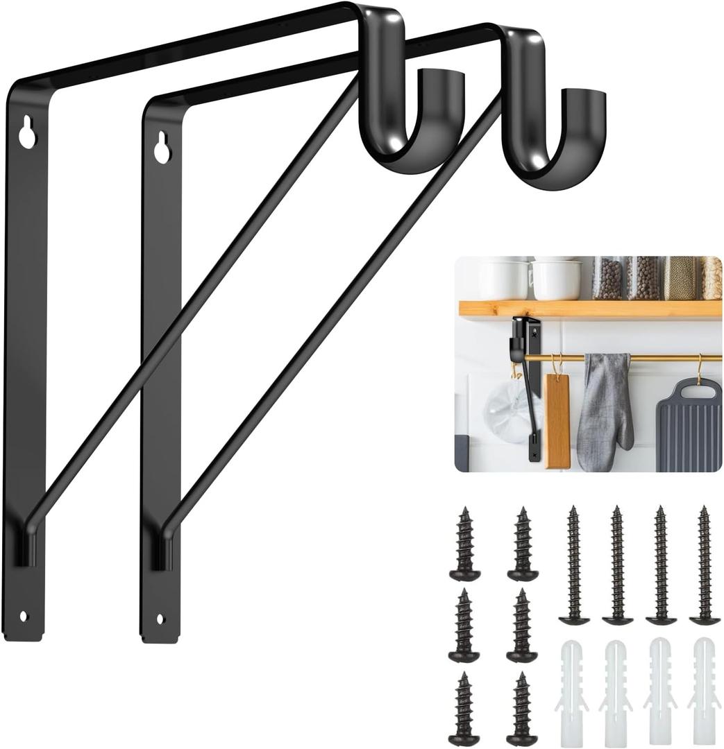 Pisman Closet Rod Bracket Heavy Duty,Shelf Bracket with Rod Holder- Black Closet Rod Support & Closet Shelf and Rod Bracket for Storage, 10 Inch 2pcs