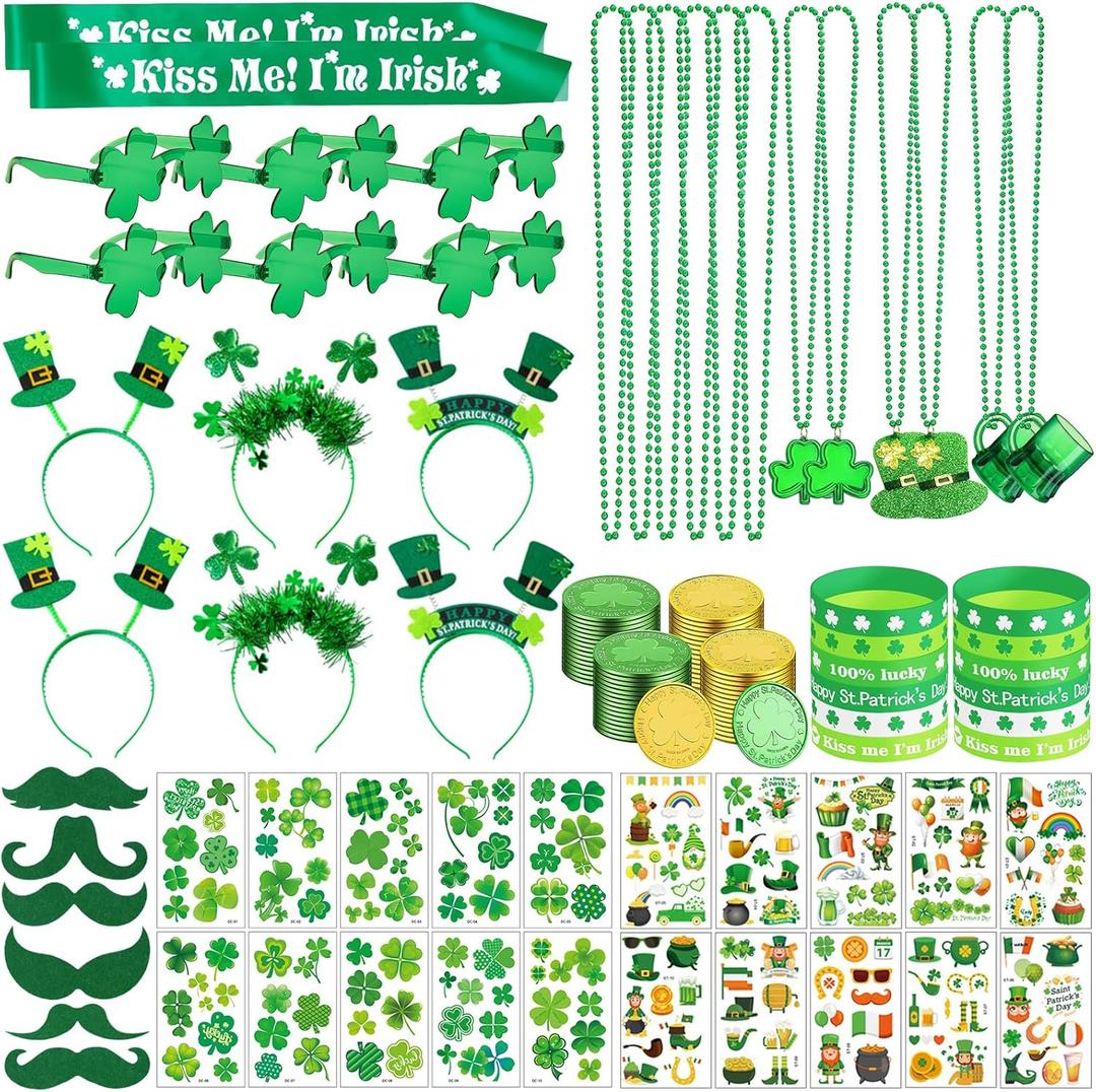 260Pcs St. Patrick's Day Accessories Bulk Party Favors Set, Shamrock Glasses, Necklaces, Bracelets, Headbands, Tattoo Stickers, Mustaches, Coins and Irish Sash, Irish Party Decorations Supplies