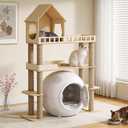 Wood Cat Tree for Automatic Litter Box, 60.2 Inch Tall Modern Cat Tree Tower with Litter Box Enclosure, Multi-Level Wooden Cats Tower Furniture with Scratching Posts, Condo House for Indoor Cats C3