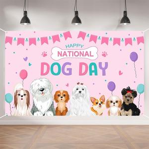 5 x Aperturee Happy National Dog Day Banner  70.8x43.3in Pink Dog Celebration Sign with Cute Cartoon Puppies, Bunting & Hearts for Pet Parties