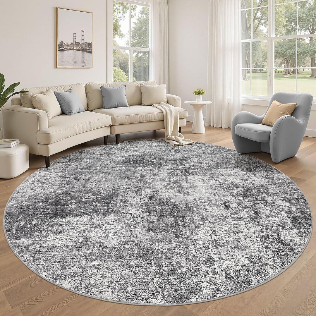 8ft Round Area Rug Living Room Rugs - 8x8 Washable Large Soft Indoor Neutral Modern Abstract Low Pile Rug Carpet for Bedroom Dining Room Farmhouse Home Office - Grey