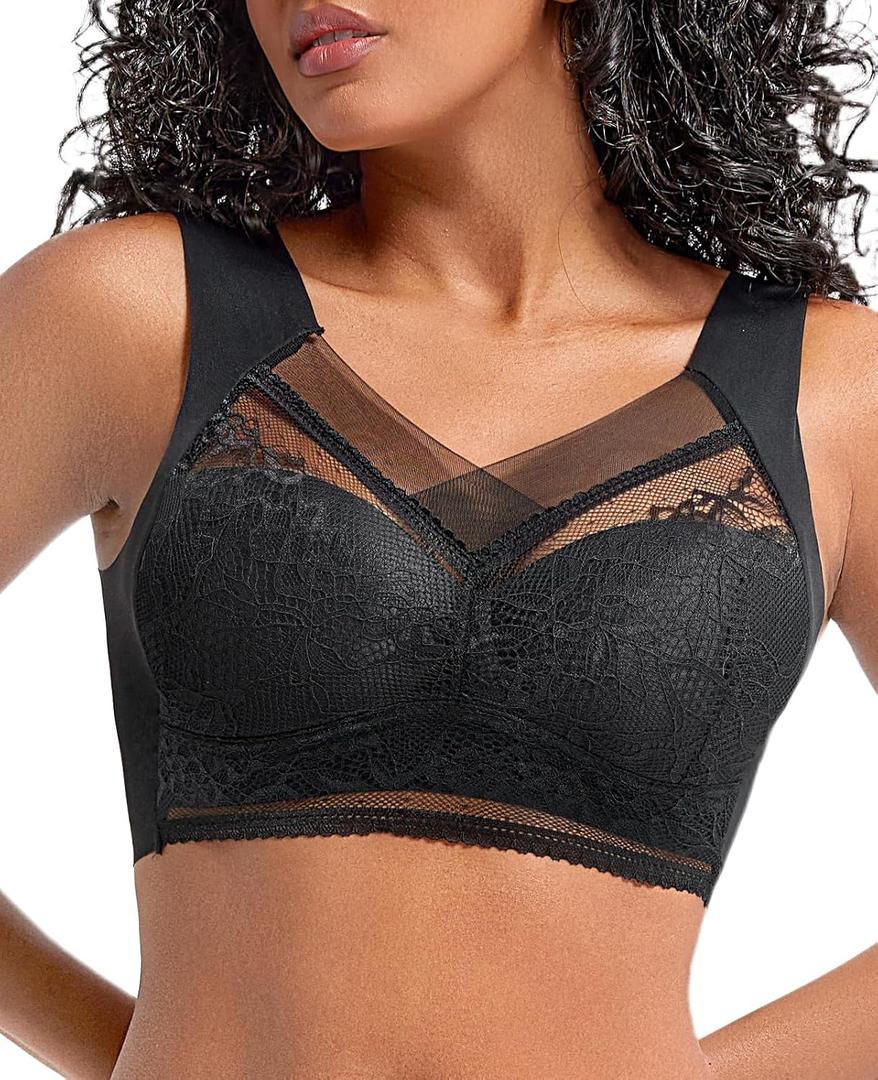 Padded No Underwire Bra Lace Wireless Back Smoothing Everyday Bras for Women Full Coverage (Black, XL)