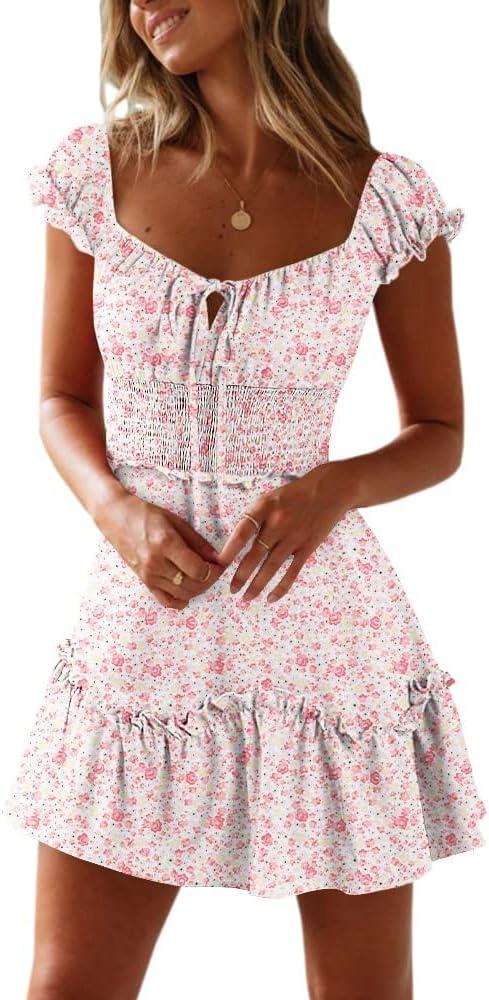 YOBECHO Womens Summer Ruffle Sleeve Sweetheart Neckline Printing Dress Mini Dresses (XX-Large, A-light Pink)