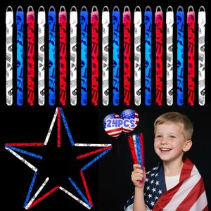 WODMAZ Fourth of July Glow Sticks, 24 PCS Patriotic Red Blue White Glow Sticks in Different Pattern Designs for Independence Day Memorial Day Party Favors Supplies