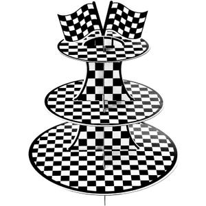 3-Tier Round Cardboard Cupcake Stand Holder, Racing Car Theme Birthday Party Decorations Supplies, Black and White Checkered Dessert Display Stand Tower