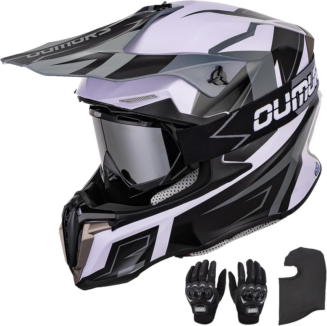 OUMURS Adult ATV Dirt Bike Helmet with Gloves & Mask Adjustable Sun Visor Motorcycle Adult Helmet Off-Road Motocross Downhill Moped MX for Unisex-Adult - White-Gray, M