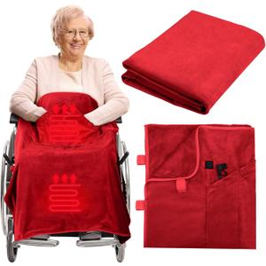 Hahafelt 12v Heated Flannel Wheelchair Blanket, Red Portable Heated Throw for Elderly 2 Heating Zones, Camping Essentials, Elderly Gift