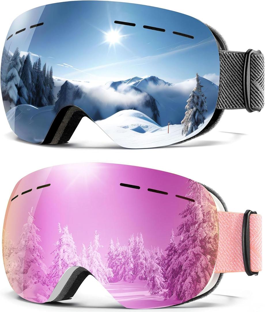 2Pack Ski Goggles for Men Women Snow Goggles Anti fog Snowboard Goggles with 100% UV Protection (B02 White Frame Argent Lens/White Frame Pink Lens)
