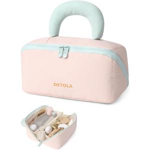 Detola Travel Makeup Bag, Cosmetic Bags for Women Lay Flat Makeup Bag with Compartments and Handle Waterproof Toiletry Bag Wide Open Portable Pouch Travel Essentials Gifts for Women, Pink