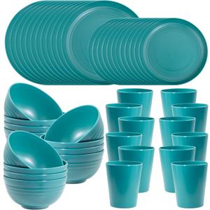 LIYH 48 Pcs Green Wheat Straw Plates and Bowls set - Plastic Dinnerware Set - Dishwasher Safe Camping Plates Dishes Set for 12, Unbreakable Wheat Straw Plate Bowls Reusable 12 Guests