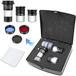 Astromania Telescope Eyepiece Set Accessory Kit for Astronomy Enthusiast Beginner, FMC 6mm Plossl 15mm Kellner Eyepiece Barlow Lens 2X with T Thread, Moon Filter 25&80A Color Filter&Sturdy Carry Case