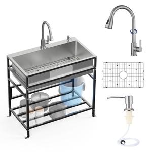 33x19 Inch Stainless Steel Utility Sink-Freestanding Laundry Sink Practicality With Accessories Stainless Functional Faucet,Soap Dispenser, SS Sink Grid For Laundry,Garage,Outdoor Kitchen,Garden