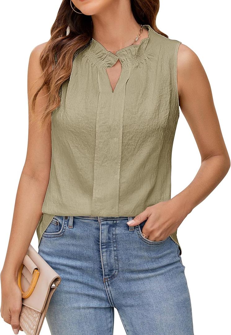 BMJL Womens White Tank Tops Summer Business Causal Outfits Ruched Pleated Linen Shirts Work Cami 2025 (Small, Army Green)