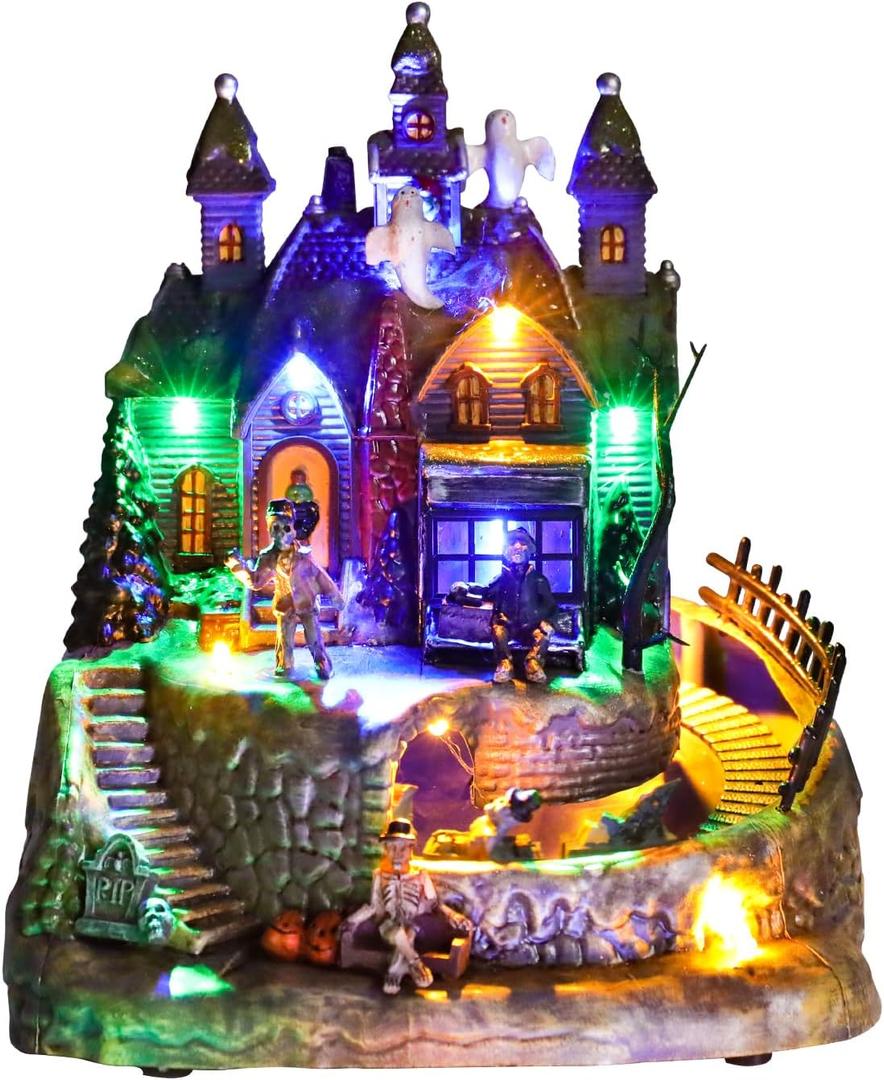 Halloween Decorations Indoor 9 Inch 3AA Batteries/USB LED Lights Moving Train Haunted House Halloween Music Village Sets