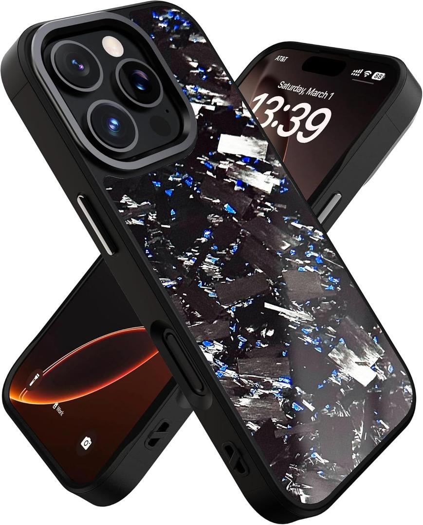 Genuine Forged Carbon Fiber Case for iPhone 16 Pro, Military Grade Drop Protection, Shockproof Phone Cover with Aluminum Alloy Buttons and Camera Frame - Glossy Blue