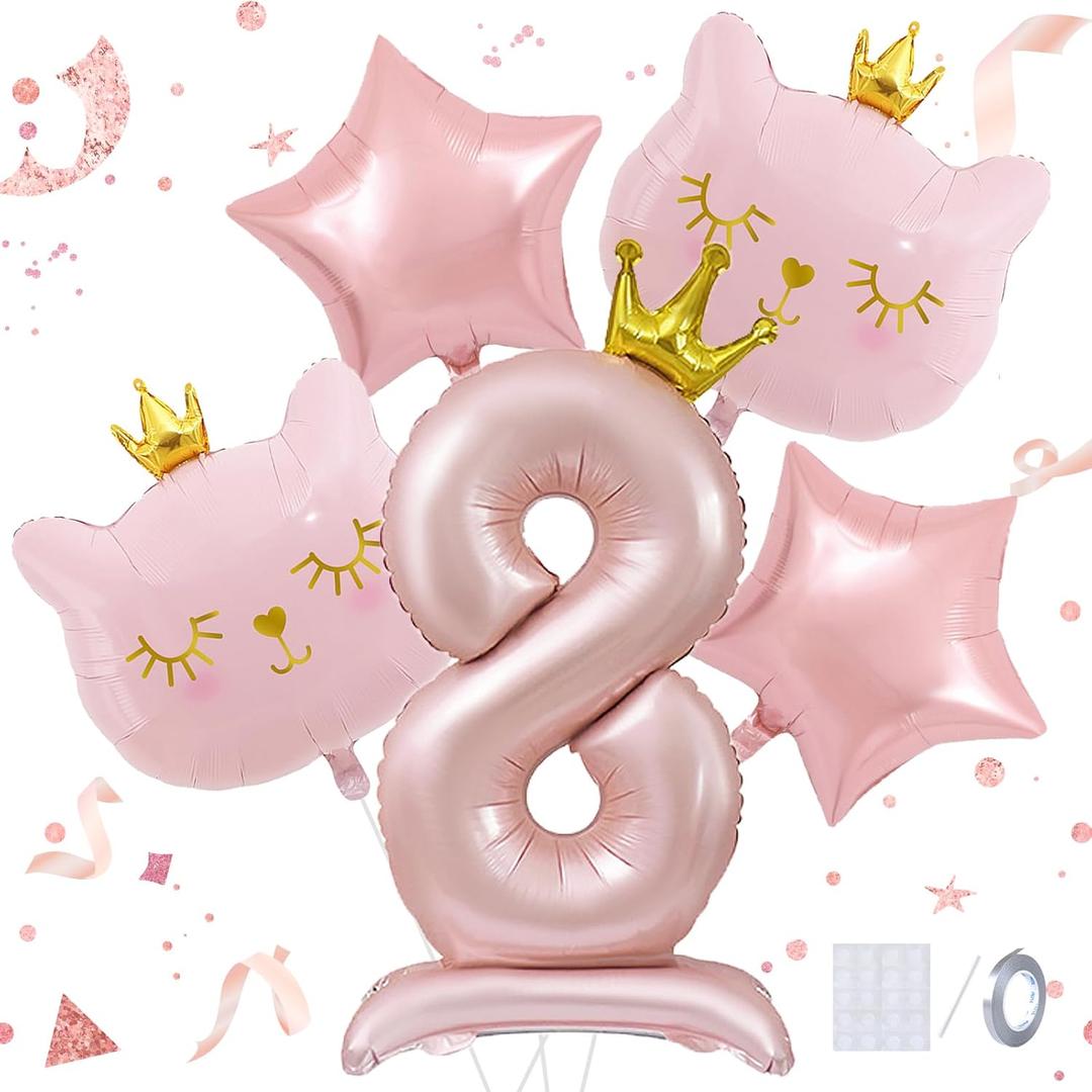 Pink Cat Balloon Set, Crown Cat Foil Balloon, 8 Year Old Girl Birthday Party Decoration, Cat Theme Party Decoration, Theme Party Supplies for Girls Kitten Pet Cat (8)