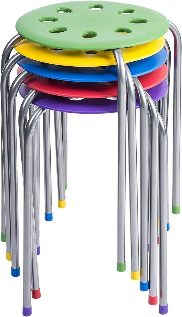 Pearington Plastic Classroom Stools for Kids, Multipurpose Stool Chairs, Flexible Seating, Stacking Stools, Stainless Steel Legs - Set of 5, Multi-Color