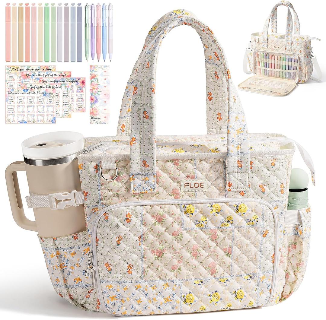 Large Bible Bag for Women Bible Cover Case, Quilted Puffer Bible Tote Bag Church Bag w/Shoulder Strap, Bible Study Supplies Journaling Kit Accessories Tabs, Mothers Day Christian Gifts for Women Mom