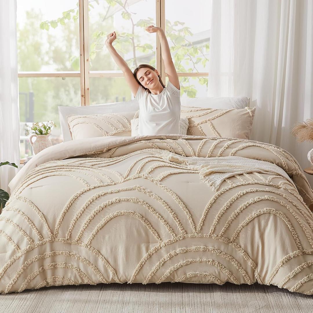 ENJOHOS Twin/Twin XL Boho Comforter Set - Beige Cream Tufted Bedding Comforter Sets, Fluffy Jacquard Rainbow Bedding for All Season, 2 Pieces Lightweight Soft Bed Set Boho Chic Decor
