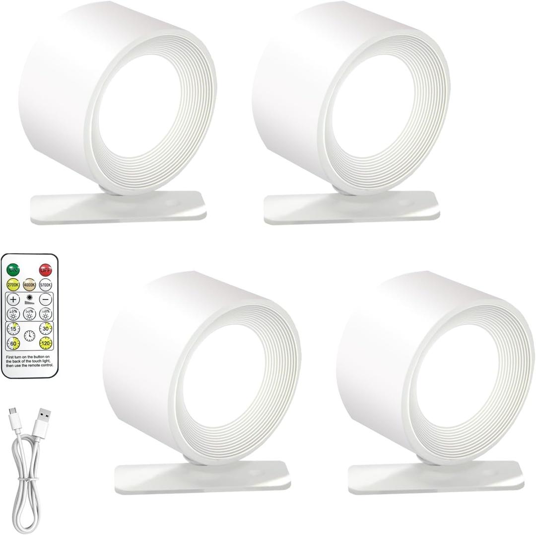 Lights of Sweden Wall Lamps - Rechargeable Infinity Wall Lamps with Remote Control, Cordless Magnetic Sconces, 360° Rotatable, 3 Color Temperatures & Dimmable for Bedroom and Home Lighting (White-4PC）