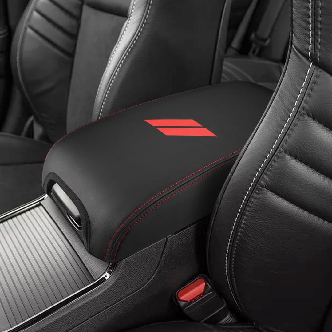 INTGET New Upgraded Center Console Cover for Dodge Charger Accessories 2011-2020 2021 2022 2023 for Chrysler 300 2015-2022 Leather Armrest Cover Console Lid Protector Cushion Pad (Red Stitches)