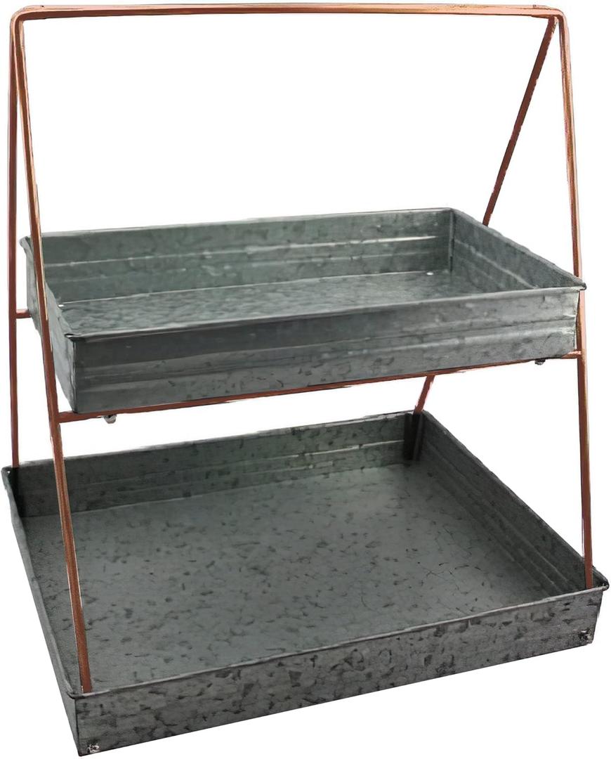 Benzara Galvanized Metal Two Tiered Rectangular Serving Tray, Gray