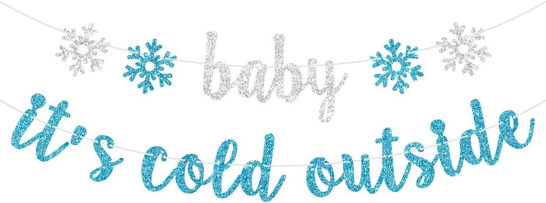 Baby It's Cold Outside Banner, A Little Snowflake is on the Way, Welcome Sweet Snowflake, Winter Boys Baby Shower Gender Reveal Party Decorations Blue Glitter