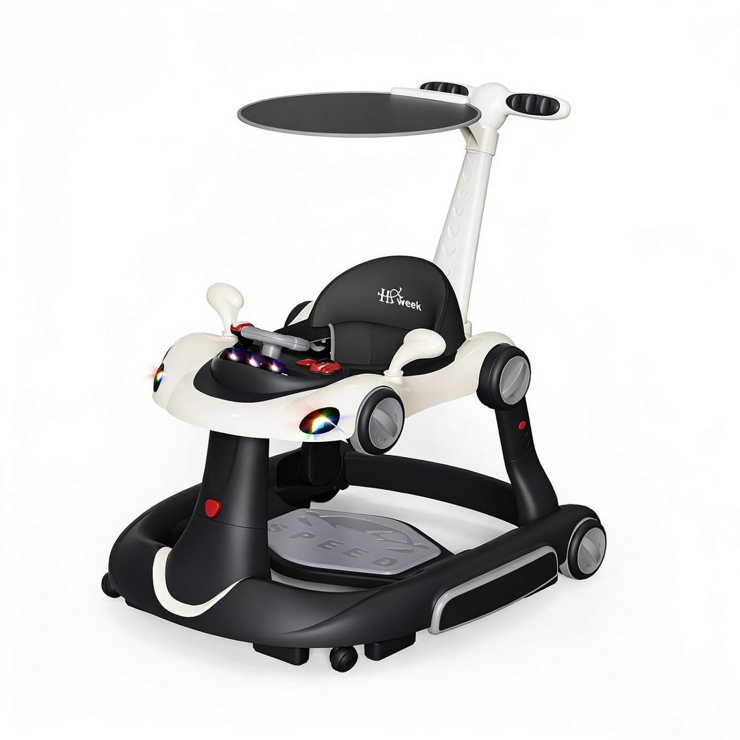 Baby Walker with Wheels, 7-in-1 Foldable Baby Walkers for Boys Girls 6-12 Months with Feeding Tray & Music, Lights,Rocker,Sun Canopy, Bouncing Pedal, Adjustable Wheel Speed, Push Walker (Black)