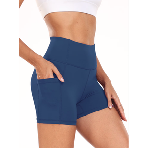 YITTY Active Women's UltraLuxe High Waist Pocket Biker Shorts – 3" Tummy Control, Compression, Breathable & Activewear (Blue, M)