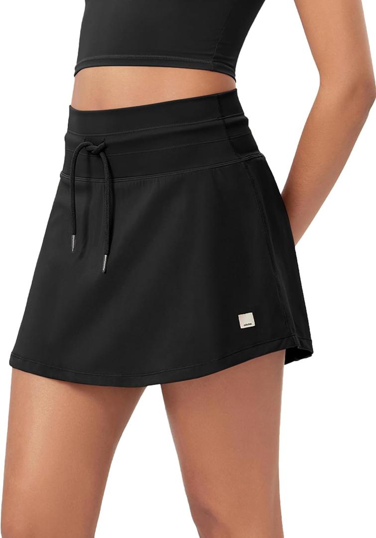 ODODOS Women's Drawstring Tie Daily Skirts Built-in Shorts Athletic Golf Tennis Skorts with Ball Pocket (Large, Black)