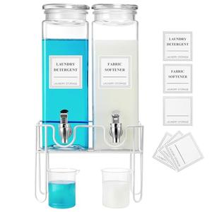 2 Pack Glass Laundry Detergent Dispenser with Stand, Laundry Soap & Fabric Softener Dispenser for Laundry Room Organization and Storage, 76oz Laundry Liquid Containers with Labels, Measuring Cups