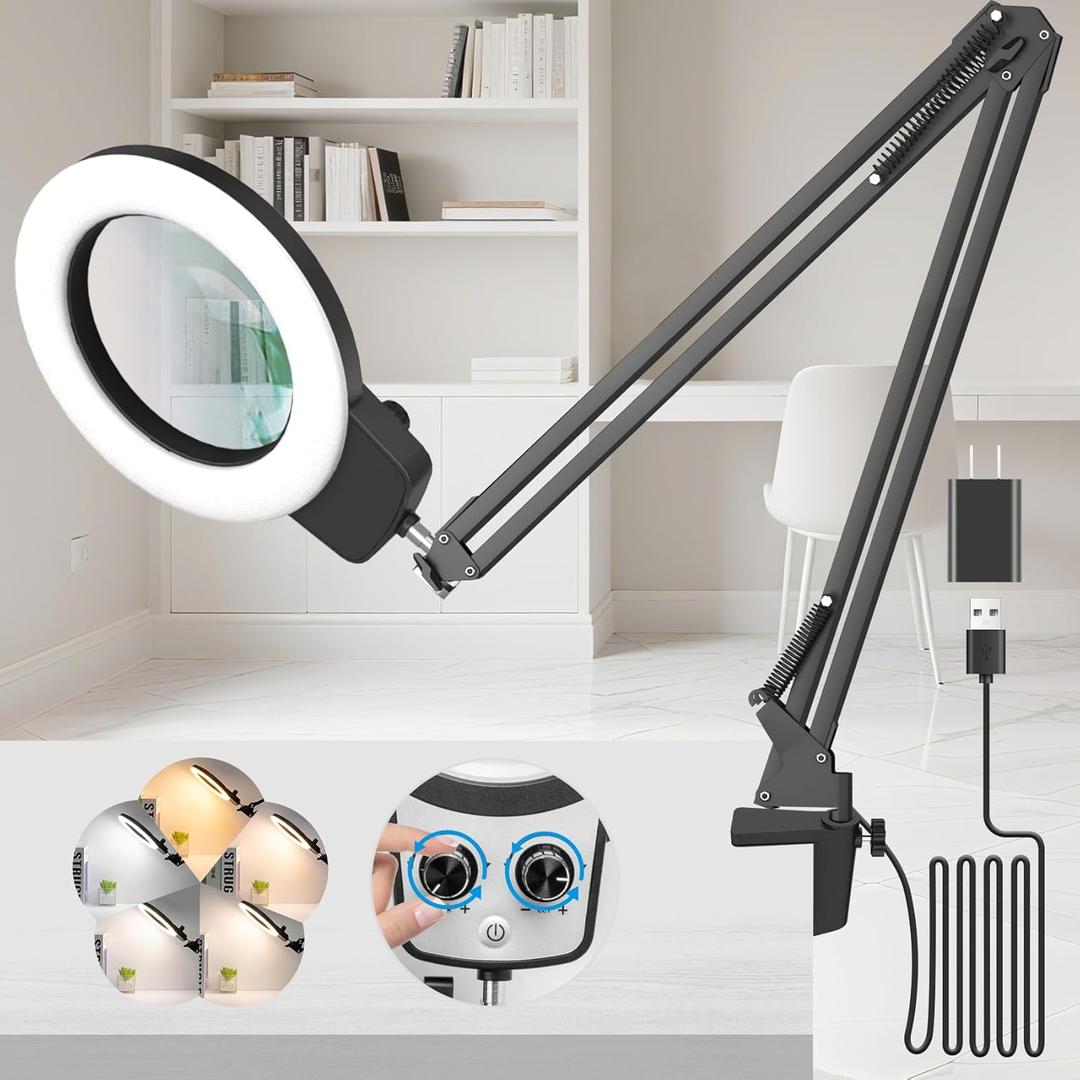 KIRKAS 10X Magnifying Glass with Light, Long Swing Arm, Any Color Modes & Stepless Dimming LED Magnifying Lamp with Clamp, Memory Function Lighted Magnifier for Crafts, Reading, Hobby, Close Work (Black)
