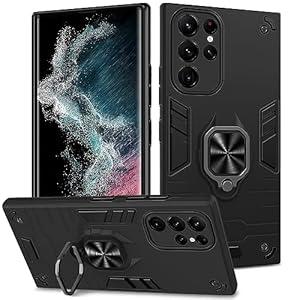 Btstring Case Compatible with Samsung Galaxy S22 Ultra, Shockproof Phone Case with Stand, Heavy Duty Personalised Case Cover Support Magnetic Car Holder, Black