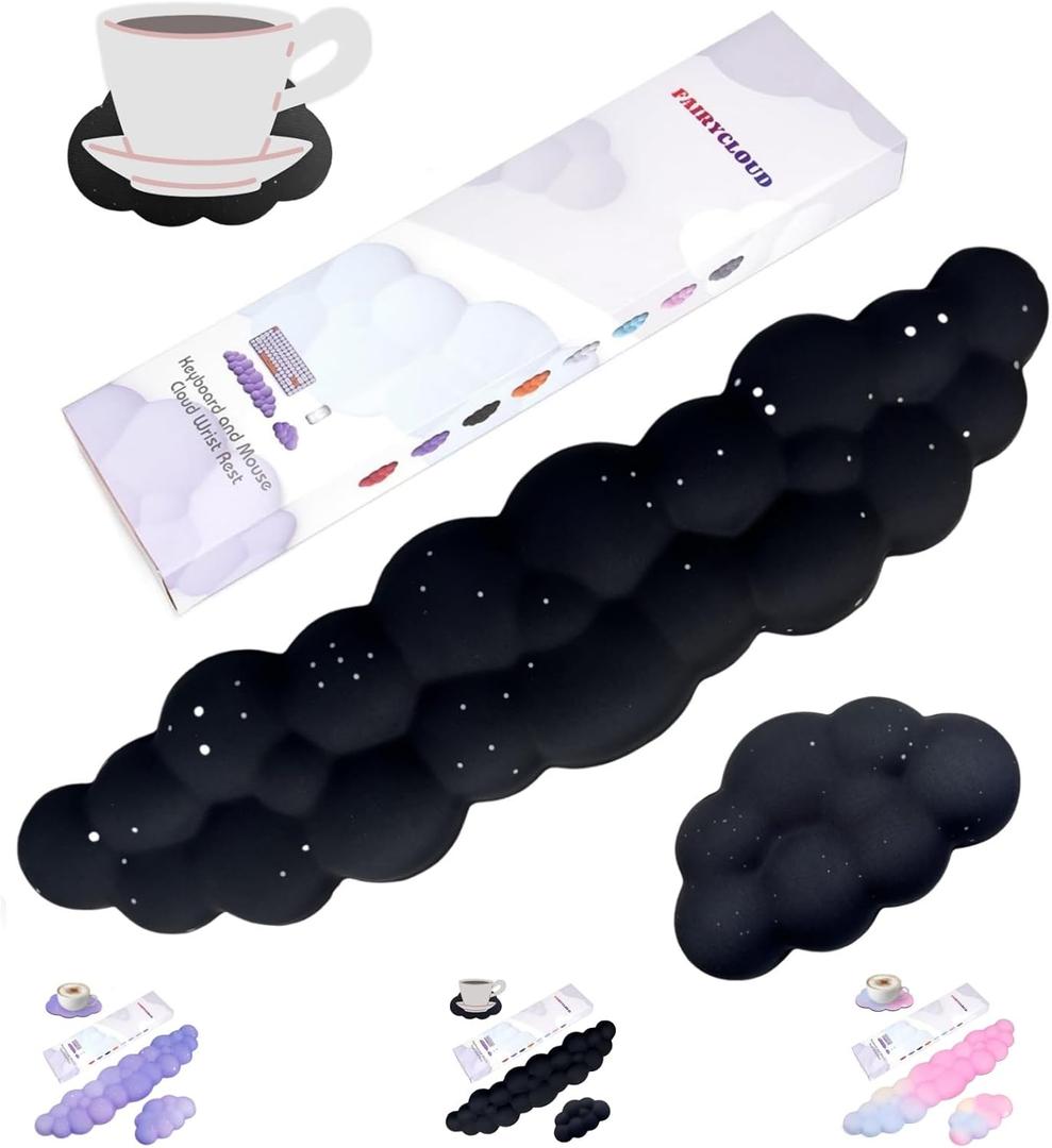 Cloud Wrist Rest Set for Keyboard and Mouse, Includes Cute Coaster, with Computers and Laptops (Black Star Set)
