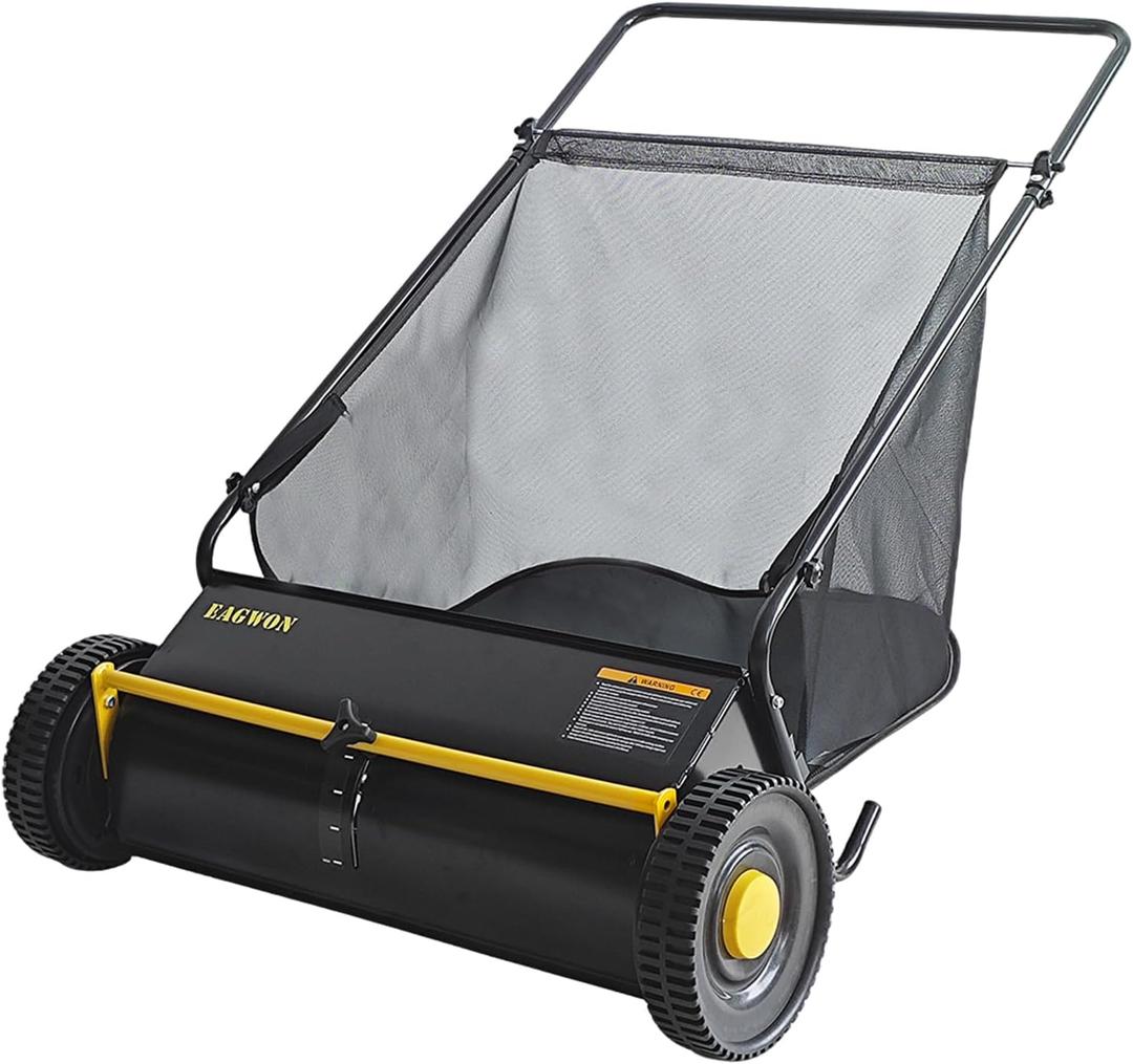 Push Lawn Sweeper, 26-Inch Width, 7 Cu. Ft. Hopper Capacity, 4 Spinning Brushes, Adjustable Height, Durable Steel Frame with Rubber Wheels, Yellow & Black