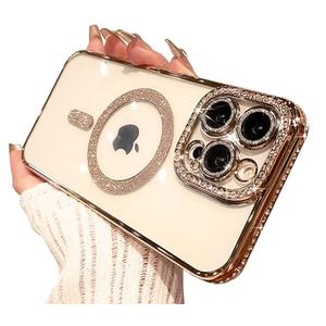 BANAILOA Design for iPhone 15 Pro Max Case Compatible with Magsafe,Bling Rhinestones Glitter Clear Case Magnetic with Camera Lens Cover Protective Slim Phone Cover (6.7 inch)-Gold